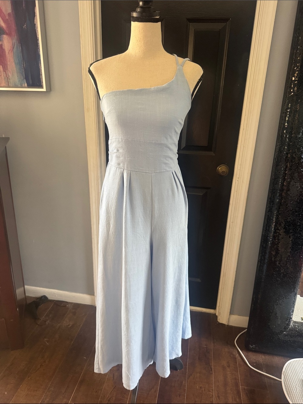 Light Blue One-Shoulder Wide-Leg Jumpsuit